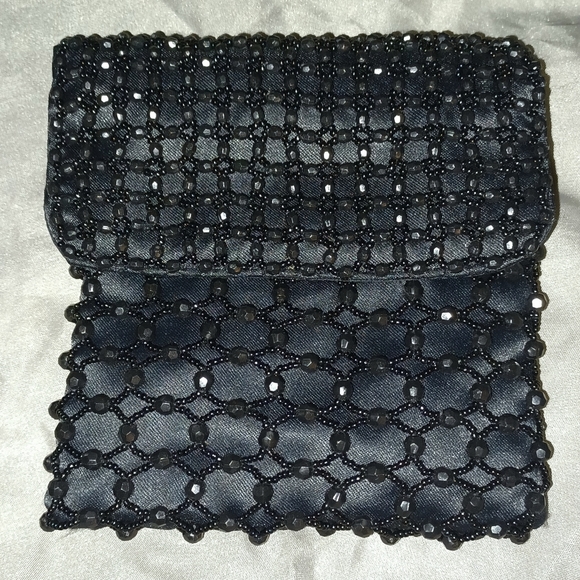 Handbags - Vintage Black Satin Beaded Foldover Bag